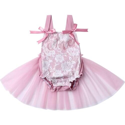 Baby Girls Baptism Clothes Romper Dress One Letter Print Mesh Tulle Lace Flowers Strap Belt Tutu Jumpsuits First Birthday Gifts
