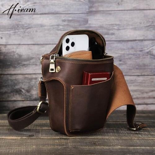 Vintage Genuine Leather Male Shoulder Messager Crossbody Waist Bag Motorcycle Riding Hip Pouch Travel Fanny Belt Mini Pack