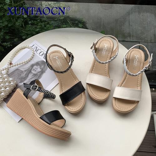 2021 Summer Shoes Woman Crystal Platform Muffin Sandals Women Soft Leather Buckle Strap Casual Shoes Open Toe Wedges Sandals