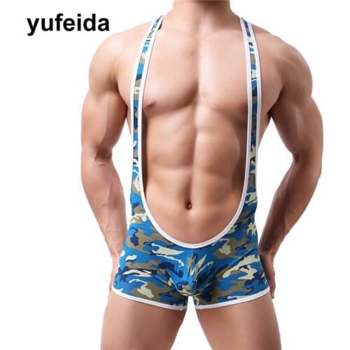 YUFEIDA Sexy Mens Underwear Bodysuits Camo Jumpsuits Undershirts Wrestling Singlet Leotard Boxers Briefs Bulge Pouch Lingerie