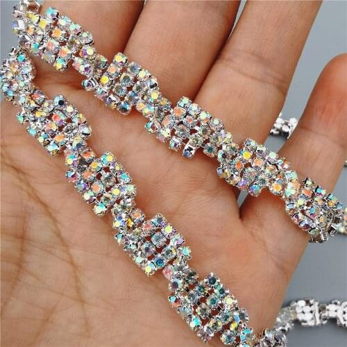 Silve AB Color Crystal Rhinestones Trim Ribbon Bling Metal Chain for Wedding Dress Bag Necklace Accessories 1CM Width