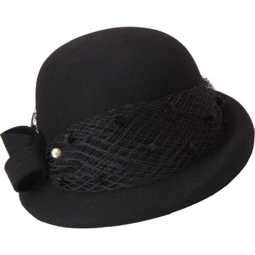 Winter Wool Dome Fedora Hat Lady Elegant Veil Fashion Warm Cap Women Wide Brim Formal Fedoras Handmade Mesh Gauze Hats B-8907
