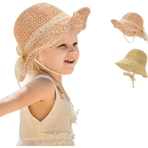 Summer Kids Girl Hat Princess Children Straw Hat with Lace Bowknot Toddler Travel Beach Sunhat Baby Cap