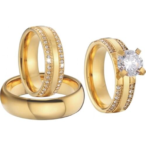 Marriage Alliances Gold Color Groom Bridal 3pcs proposal Engagement wedding Rings set for couples men and women