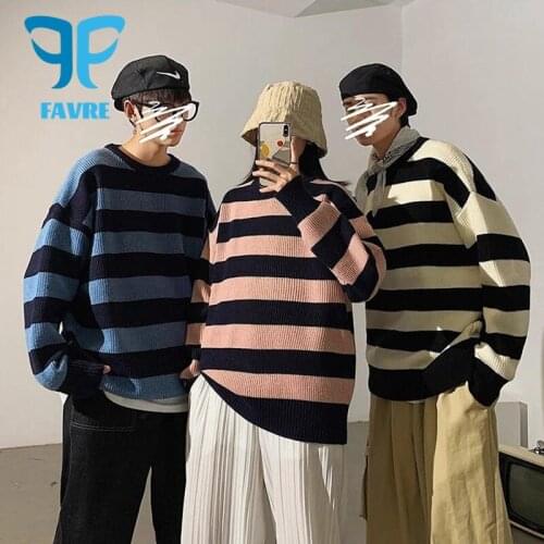 FAVRE Stripe Thick Knitted Sweaters Couple Bottoming Pullovers Jumpers Autumn Winter Korean Men Womens O-Neck Casual Sweater