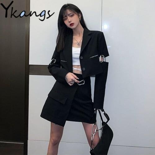 Gothic Hip Hop Streetwear Sexy Basic Patchwork Blazer Korean Fashion Y2k Aesthetic Design Simple Solid Black Pocket Cargo Skirts