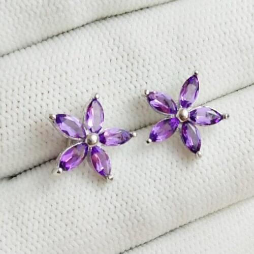 Per jewelry Natural real amethyst flower stud earring Free shipping 925 sterling silver 0.15ct*10pcs gemstone C912311