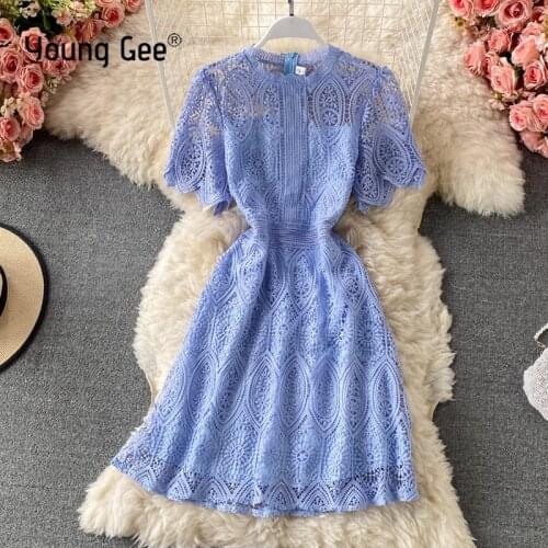 Young Gee Elegant Hollow Out Lace Floral Luxury Dress Summer Women Stand Collar Slim High Waist Short Sleeve Dresses vestidos