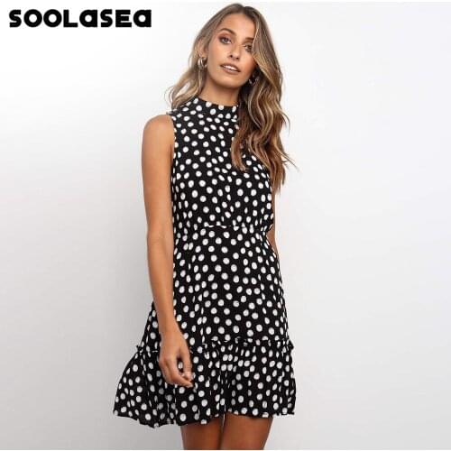 BOHO SOOLASEA Dress Women Summer Ruched Boho Dot Print Sleeveless O Neck Short Dress Female Elegant Party Mni Dress Vestidos