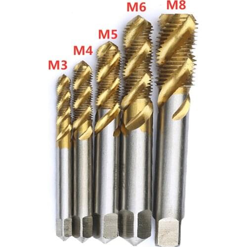 5pcs Titanium Coated Screw Thread Plug Tap HSS Spiral Flute Metric Machine Screw Tap Drill Set M3/M4/M5/M6/M8