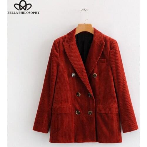 Bella Philosophy 2018 Autumn Women Wool Corduroy Cotton Blends Pockets Square Collar Double Breasted Medium and Long Section