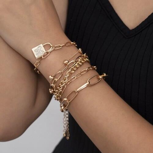 Fashion Gold Color Multilayer Chain Bracelets Set for Women Punk Lock Rhinestone Charm Femme Bangle Bracelets Boho Party Jewelry