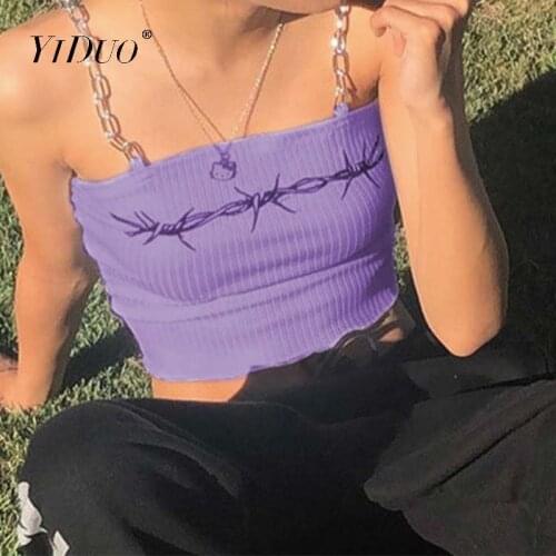 YiDuo Floral Print Bustier Sexy Crop Tops Women Gothic White Metal Chain Straps Cami Top Camisole Streetwear Girls Summer Tops