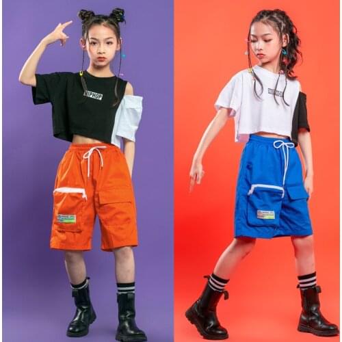 Kid Cool Hip Hop Clothing Off Shoulder Crop Top Casual Streetwear Pants Shorts For Girls Ballroom Jazz Dance Costume Clothes