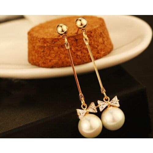 Bow pearl zircon red long earrings/korean luxury bridal jewelry wholesale/brincos femininos/boucle d'oreille bijoux/perolas/gift