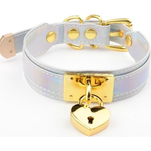 Handmade Holographic Heart Choker with Lock and Key Iridescent Rainbow Collar Layered Laser Necklace for Women Girls