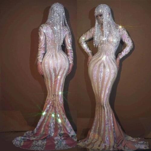 Fashion Sequins Stripes Spandex Floor-length Tailing Dress Women Birthday Prom Evening Party Singer Host Models Stage Costume