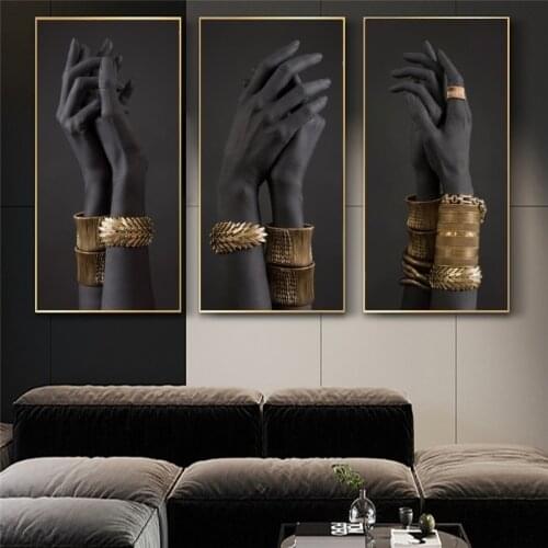 African Art Lovers Hands with Golden Jewelry Canvas Painting Posters and Prints Wall Art Pictures for Living Room Decor Cuadros