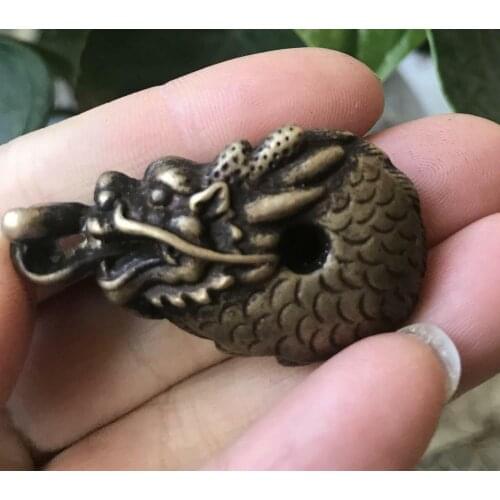 Chinese Lucky Ancient Royal Old Copper Dragon Hold Ru Yi Statue Amulet Pendant