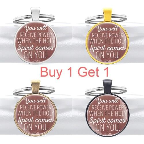 Buy 1 Get 1 Bible Verse You Will Receive Power When the Holy Spirit Comes on You Design Glass Cabochon Metal Key Chain