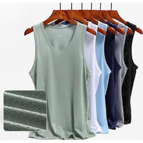 Men Ice Silk Tank Tops Underwear Mens Undershirt Mesh Holes Shirts Male Bodyshaper Fitness Wrestling Breathable Elastic Singlets