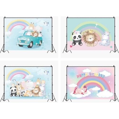 Cartoon Animals Driving Car Rainbow Sky Kids Birthday Party Backdrop Newborn Baby Shower Photo Background Table Room Decor