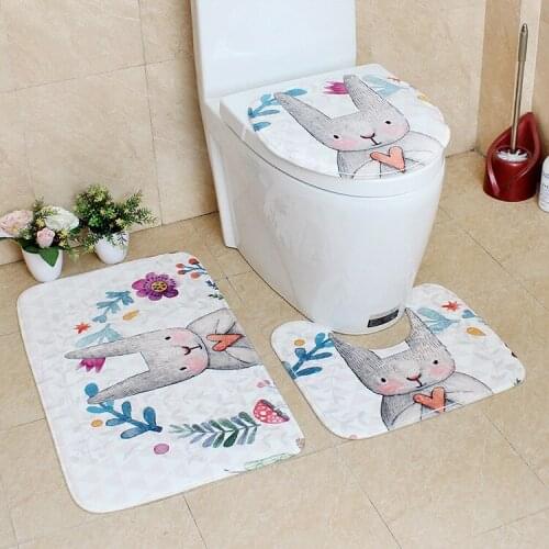 Cartoon Carpet Rabbit Flannel Rug Toilet Set PVC Floor Mat Nordic Printed Latex Mesh Bottom Anti-slip Bathroom Mat Set