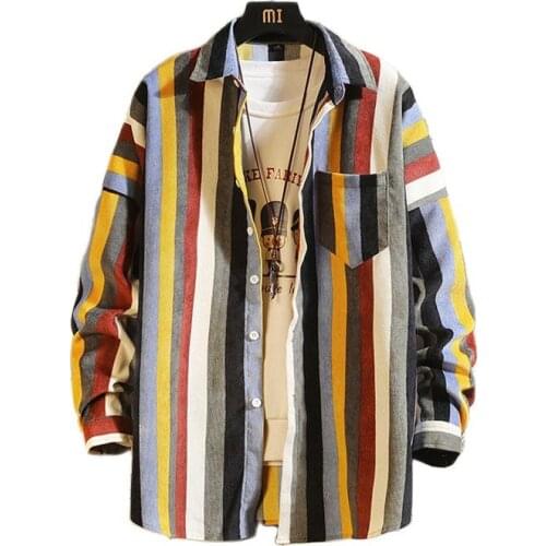 2021 New Mens Striped Shirt Vintage Long Sleeve Cardigan Patchwork Shirts Clothing Streetwear Autumn Cardigan Korean