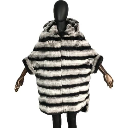 2020 New Fashion Hooded Batwing Sleeve Coat Real Rabbit Fur Jacket Female Long Fluffy Warm Overcoat Customizable