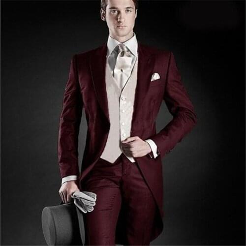Wholesale - 2020 Morning Style Tailcoat Groom Tuxedos Peak Lapel Mens Suit Burgundy Groomsman Best Man Wedding Dinner Suits