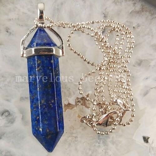 Free Shipping Beautiful jewelry Natural Lapis Lazuli Hexagonal Pointed Reiki Chakra Pendant Necklace wich Chain 1Pcs MC3163