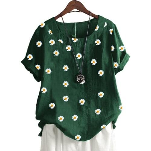 Casual printing T shirt Women O Neck Short Sleeve Marguerite Print Blouse Cotton Linen T-shirt Blouses Beach Loose Blouse tops
