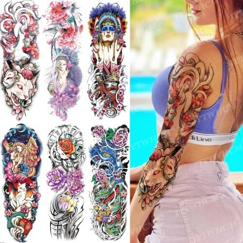 Sexy Large Fake Tattoo Womens Temporary Waterproof Sticker Fox Mask Nine Tail Fox Color Flower Tatoo Flash Body Art Tattoos Men