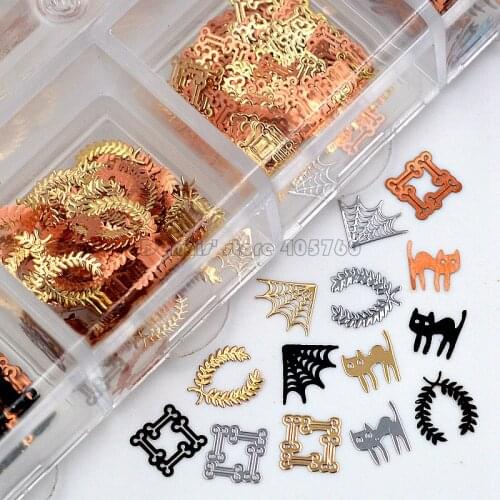 Mix 3 Colors 4 Shape Halloween Cat Spide Web Metal Sequin Nail Art Rhinestones Slice Decorations DIY Salon Tip