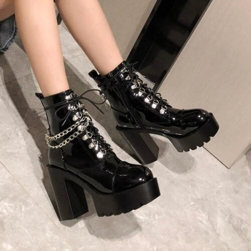 2020 Autumn Winter Gothic Women Ankle Boots Fashion Metal Chain Patent Leather Female Short Boots Punk Style Ladies Shoes