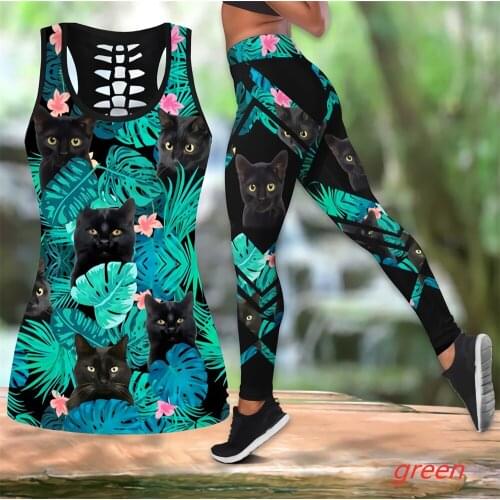 Womens Over Printed Yoga Suit Animal Black Cat Hollow Vest Tank Top High Waist Leggings Sports Ladies Suit