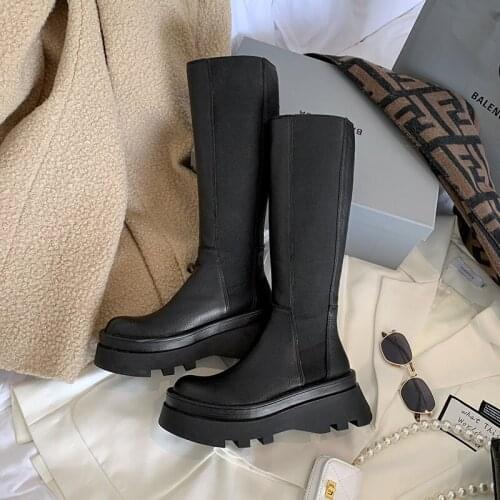 QZYERAI 2021 Knee High Boots Women Shoes Natural Genuine Leather Platform Riding Chelsea Boots Ladies Long Boots Autumn Black 40
