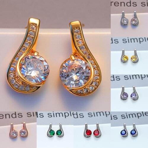 Rose Gold Silver Color Stud Earrings Vintage Female White Crystal Stone Earring Classic Rainbow Round Wedding Earrings For Women