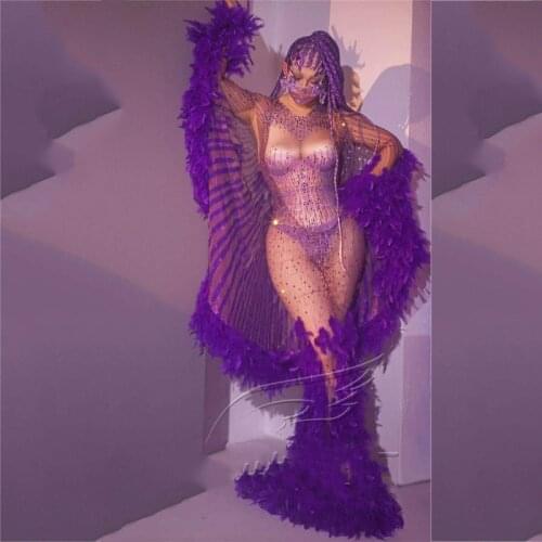 2 Piece Set Purple Rhinestone Dress Women Sexy Feather Dance Jumpsuit Singer Stage Drag Queen Costumes Festival Outfit XS1279