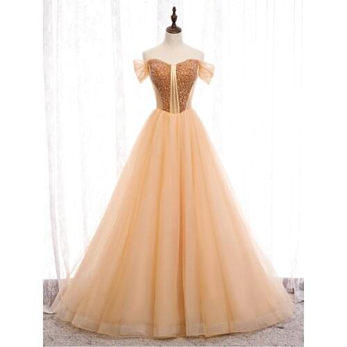 Vestido De Festa Sexy Sweetheart Evening Dresses Long Dress 2020 Newest Gold A-line Evening Dress Elegant Robe De Soiree