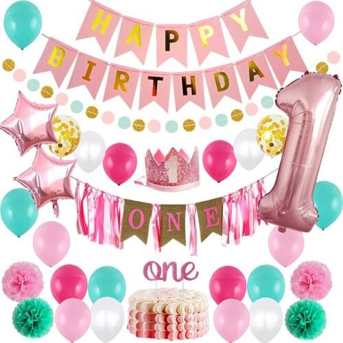 1 Set Blue Pink Crown Birthday Balloons Helium Number Foil Balloon for Baby Boy Girl 1st Birthday Party Decorations Kids Shower