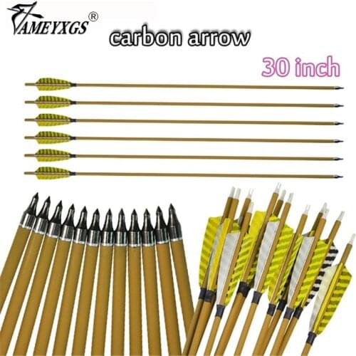 30inch Archery Wooden Camo Pure Carbon Arrow Spine 450 4" Shield Turkey Feather Vanes Replaceable Arrowhead For Compound Recurve