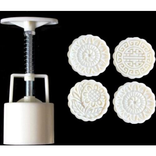 4pcs 3D Flower Stamps Moon Cake Decor Mould Barrel Round Mooncake Mold 125g Pastry Mooncakes Hand DIY Tool