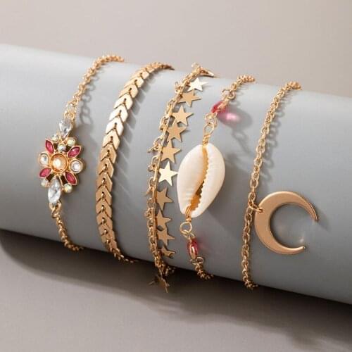 5 PCS Bohemian Fashion Personality Shell Moon Star Bracelets for Women Party Jewelry Set Gifts