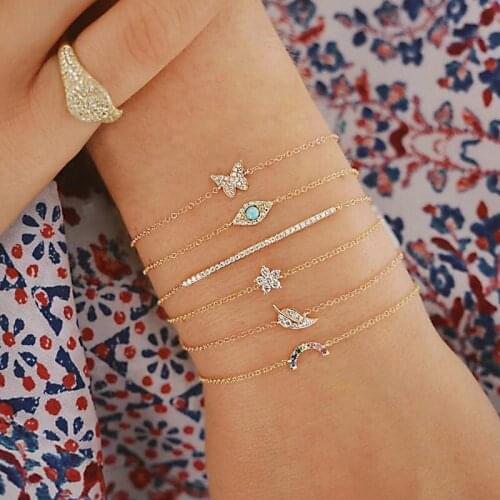 6pcs/set Fashion Crystal Butterfly Bracelets Set for Women Leaves Flower Moon Star Eye Stone Charm Bangle Jewelry Gift