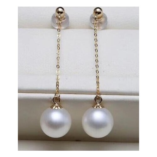 Free shipping yellow gold AAA 8-9mm round natural south sea white pearl earrings