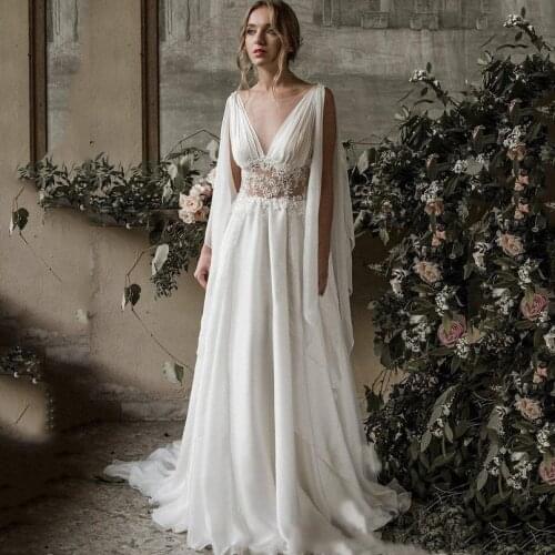 Boho Beach Chiffon Wedding Dresses A Line V Neck Sleeveless Sweep Train Bridal Gowns Applique Backless Plus Size Robe De Mariee