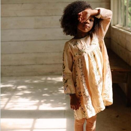 Kids Cotton linen embroidery dress 2021 spring summer new long sleeve dress children brand high quality clothes baby dress wz6