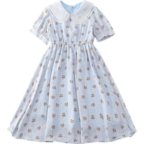 Kids girls summer short-sleeved chiffon floral dress silver new fashion doll collar big virgin princess dress