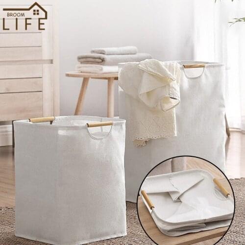 Home Bedroom Extendable Portable Laundry Basket Wooden Handle Cotton Linen Large Capacity Waterproof Children Toy Storage Basket